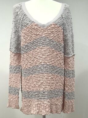 Free People Chunky Knit Sweater Striped Oversized Slouch Size Medium Pink Gray